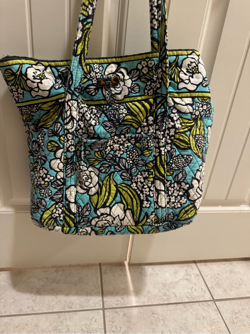 Vera Bradley Turquoise Floral Quilted Tote with Lime Accents